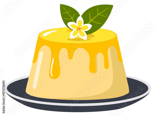 Delicious creamy yellow pudding dessert with sweet caramel topping garnished with flower and green leaves on a plate