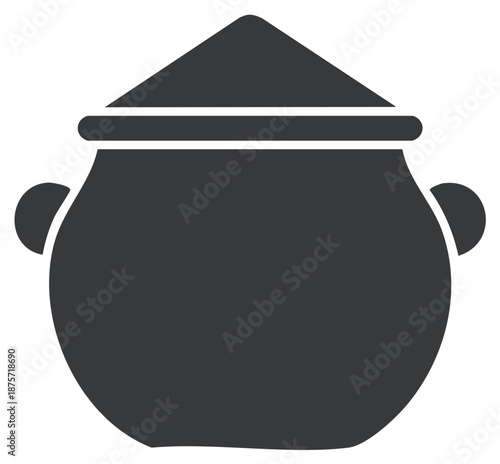 Stylized dark cooking pot icon with conical lid and handles, kitchenware symbol