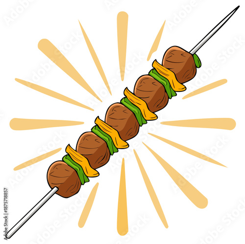 Illustration of grilled kebab with vegetables and radiating effect