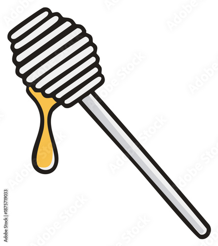 Honey dipper cartoon icon with dripping honey and silver handle