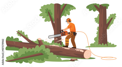 Lumberjack Cutting Trees with Chainsaw, Forest Scene Illustration, Logging Work, Woodcutter Outdoors, Nature and Timber Concept, Vector Artwork.