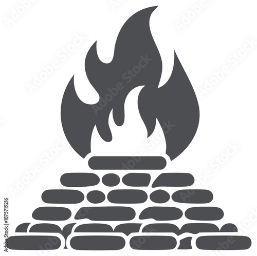 Burning fire bonfire icon atop stacked stone design, camping symbol graphic