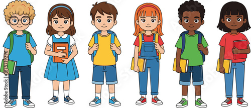 Cartoon student vector set with diverse children holding books and backpacks, perfect for education, school, and learning themes.