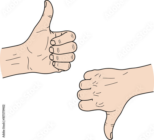 Illustrated hands showing thumbs-up and thumbs-down gestures, symbolizing approval and disapproval in feedback, reviews, or decision-making.