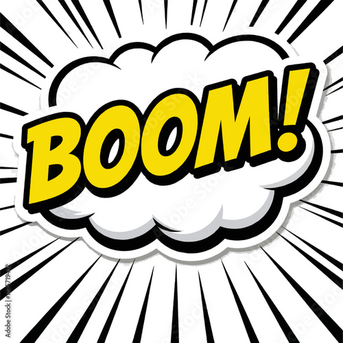 Explosive comic book "BOOM BOOM BOOM!!" in massive yellow capital letters erupting from white puffy cloud with black radiating burst lines, iconic cartoon vector sound effect