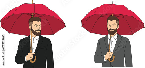 Illustration of two formally dressed men holding identical red umbrellas, showcasing subtle style differences and professional fashion themes.