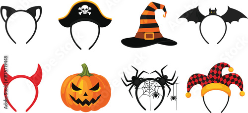 Set of eight Halloween costume headbands and hats featuring spooky characters, perfect for festive party accessories and seasonal decor.