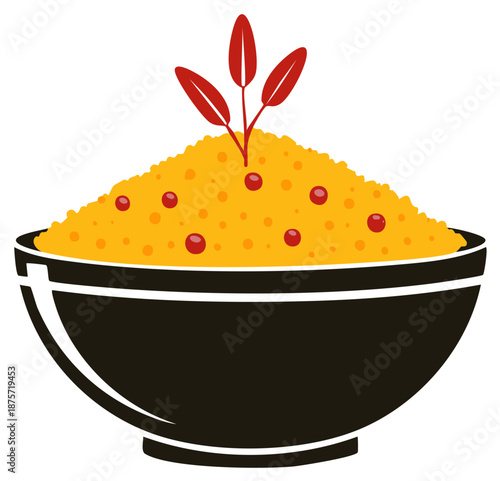 Food bowl with grains and red berries, decorated with plant, isolated on white