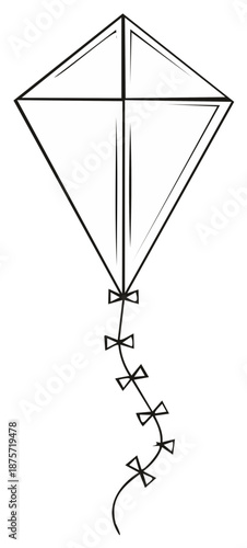 Line art of flying kite with bow tail, children's toy, kite silhouette