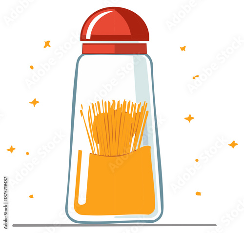 Illustration of a tooth pick dispenser, red top, glass jar, yellow tooth picks, decorative stars