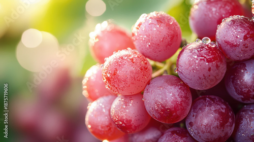 Wallpaper Mural A close-up image showcases a cluster of ripe, deep red grapes with visible droplets of water on their surfaces - commercial digital illustration with high resolution detail featuring premium quality Torontodigital.ca