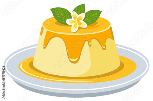 Delicious Crème Caramel dessert with golden dripping sauce and tropical flower garnish