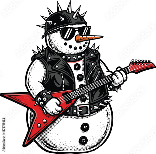 Vector illustration of punk rock snowman with guitar, leather vest, and spiked helmet for winter, music, and edgy design themes