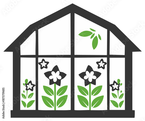 Stylized greenhouse illustration with blooming plants, green leaves, and garden flora inside