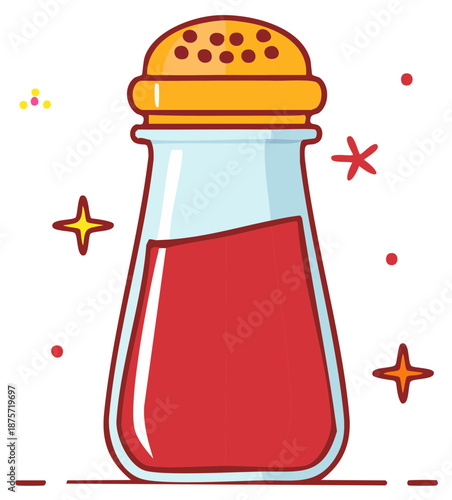 Stylized chili powder container with red contents and decorative stars in a cartoonish illustration