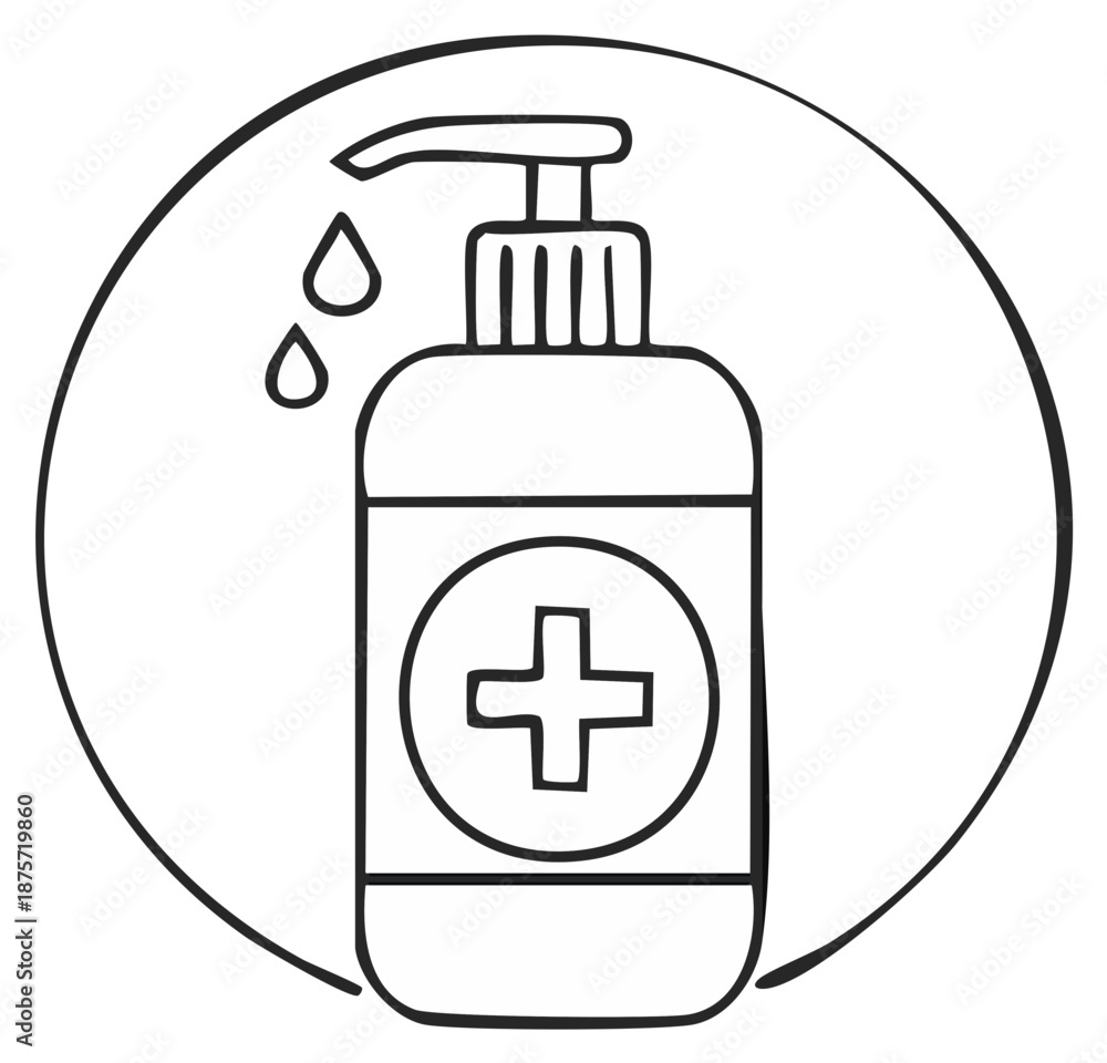 Obraz premium Hand Sanitizer Bottle with Drops Doodle Style Illustration in a Circle Frame