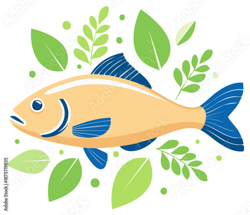 Stylized illustration of a yellow fish with blue fins and decorative green leaves