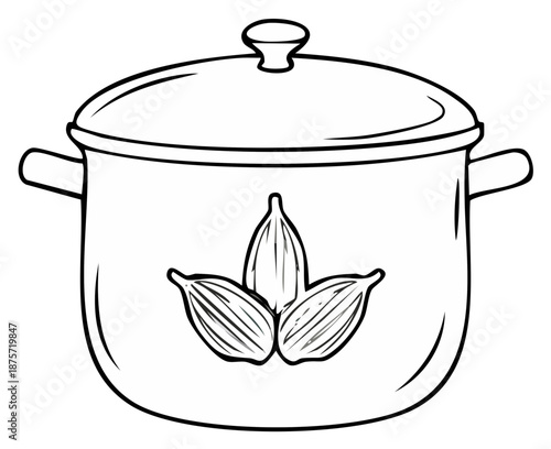 Outline of a cooking pot with cardamom pods illustration decoration