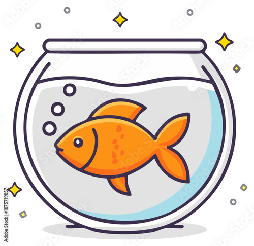 Cute orange goldfish swimming happily in a round glass bowl with bubbles and sparkles