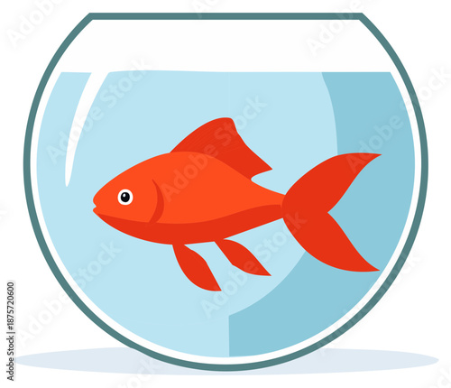 Goldfish swimming in a round glass bowl in blue water, simple cartoon illustration