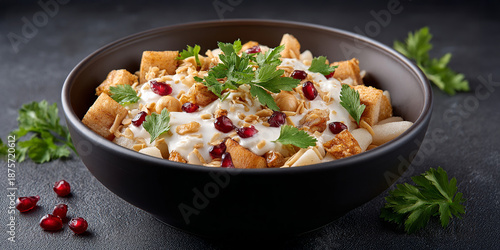 Fatteh in dish on dark background