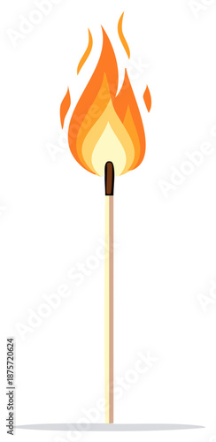 Burning matchstick with bright orange and yellow flame illustration igniting concept
