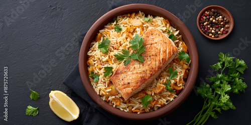 Fish kabsa in dish on dark background