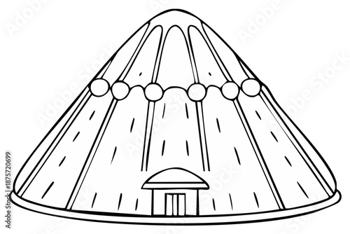 Hand drawn sketch of a traditional yurt or large nomadic tent black and white line art illustration