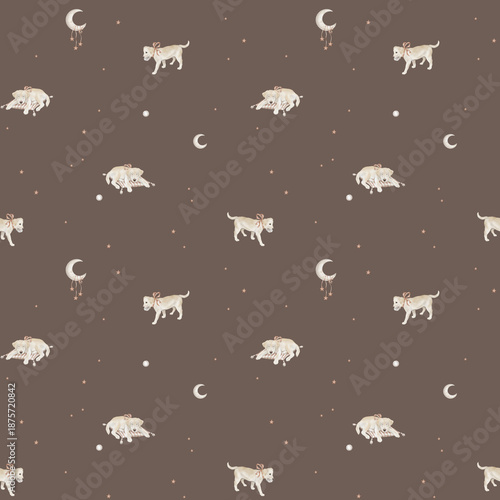Seamless pattern with Labradors with tied to ribbon and stars with moon. Repeat ornament with hand drawn illustration dogs and baseball ball for design and beige grey muted tones for baby design.