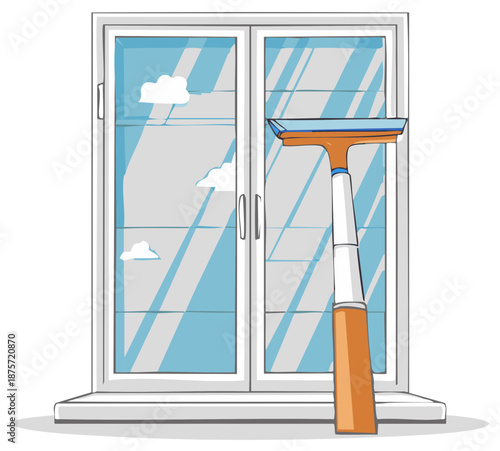 Window cleaning tool with squeegee cleaning a glass door with reflections
