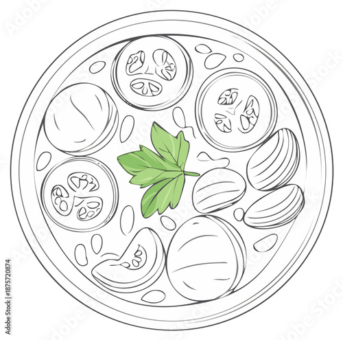 Hand drawn line art illustration of a bowl of vegetable soup with a green parsley garnish.