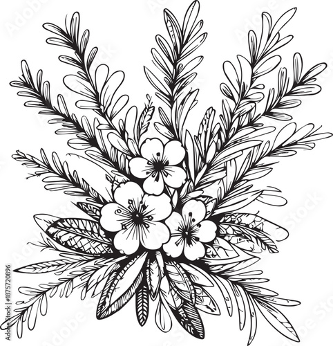 Hand-drawn Rosemary flower coloring page, Ink pencil, the flowers of Rosemary isolated. Line art isolated background. Hand-drawn nature painting. Freehand sketching illustration