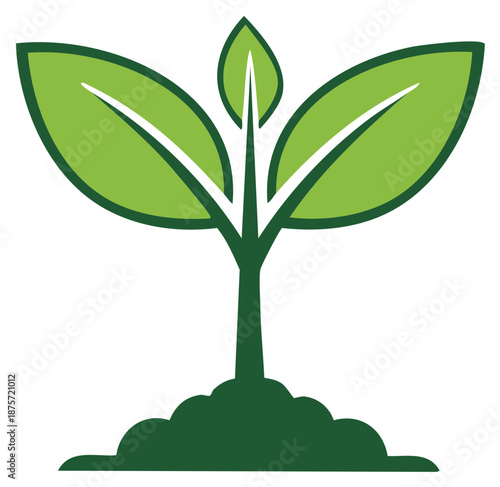 Vibrant green plant seedling with three leaves emerging from soil organic growth symbol