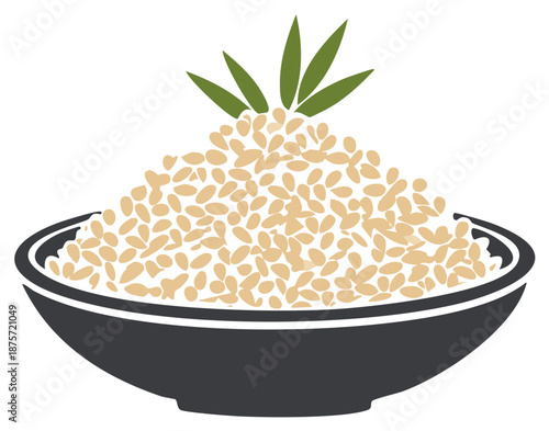 Bowl of Rice with Green Leaves Icon Asian Food Illustration Flat Design