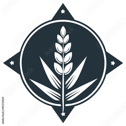 Wheat stalk logo emblem with a four-pointed star frame, vector illustration for agriculture or bakery