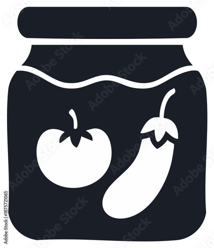 Preserved tomato and eggplant in a glass jar with liquid for storage