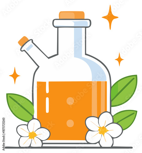Aromatherapy Essential Oil Illustration: Glass Bottle with Cork, Flowers, and Leaves