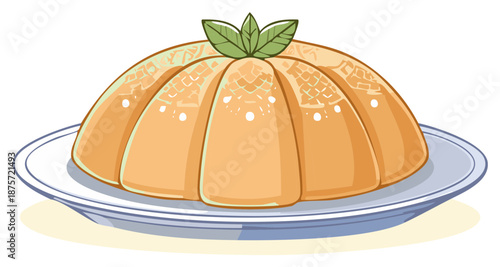 Dessert jelly dome with mint leaves on a plate, cartoon style