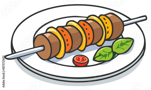 Grilled kebab skewer with tomatoes and basil on a plate