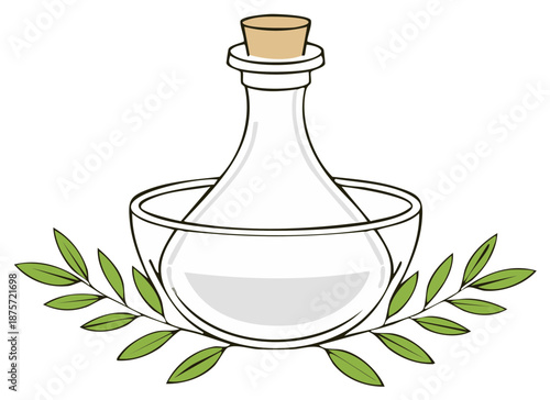 Glass Bottle of Liquid with Cork Stopper and Greenery Sprigs for Cosmetic or Food Products