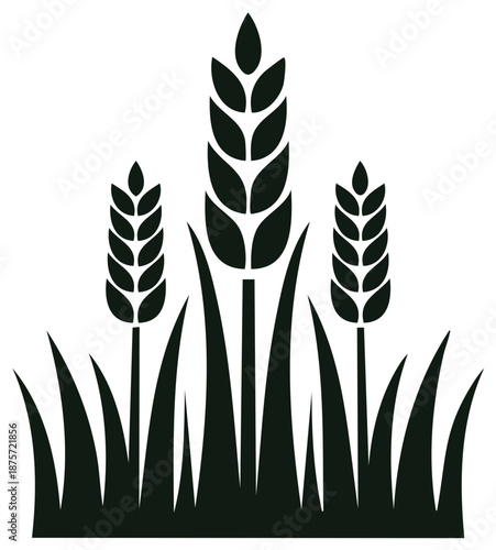 Stylized Black Silhouette of Three Wheat Stalks Growing in Lush Green Grass