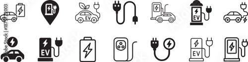  Electric car charging station icon set with outline and filled styles. Editable vector EPS for EV, energy UI.