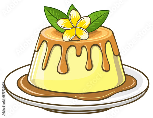 Caramel custard dessert decorated with plumeria flower and leaves on a plate