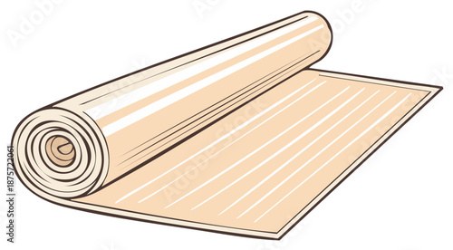 Unrolled beige carpet or rug illustration with striped pattern and rolled end