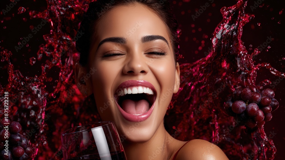 Naklejka premium Joyful Woman Laughing with Red Wine Splash and Grapes