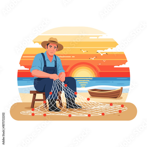 vector-illustration-of-veteran-fisherman-repairing-fishing-net-on-beach-at-sunset