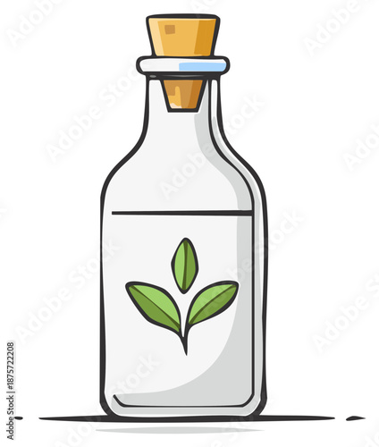 Isolated Bottle with Green Leaf Design and Stopper for Organic Oil Essence or Other Natural Tincture