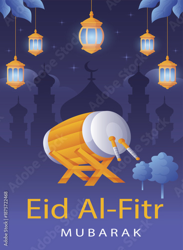 Eid Mubarak greeting card image with Islamic festival design, crescent moon and Islamic decoration.