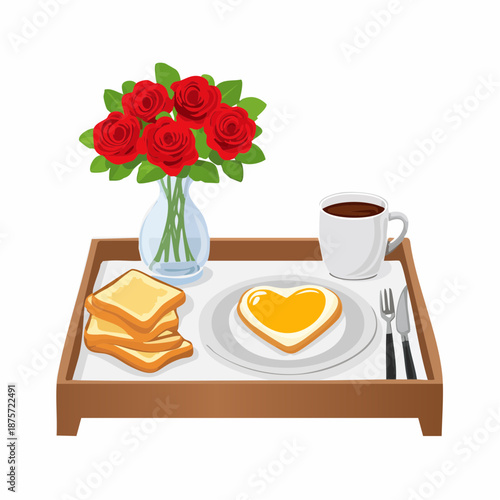 A breakfast in bed tray features a heart-shaped omelet, toast, and a small vase of red roses.