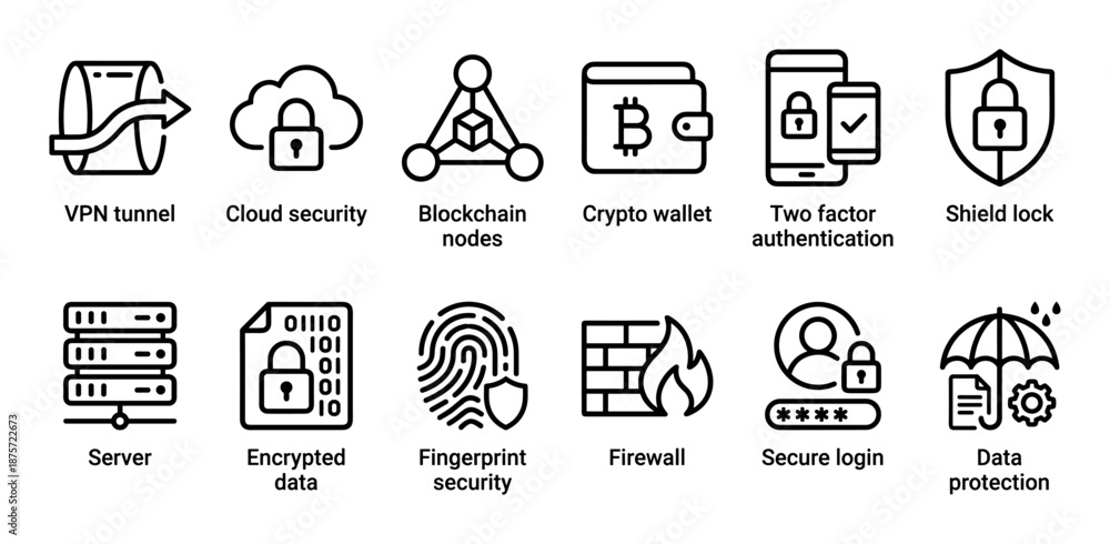 Fototapeta premium Comprehensive set of black line icons representing cybersecurity, online privacy, and data protection, featuring symbols for VPN, firewall, encryption, and secure authentication